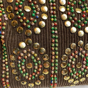 VTG 60s studded corduroy pouch small card holder accessories case brown cotton cord gold studs & beads beaded image 2