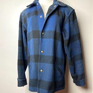 60’s 70’s Jacket~ Blue & black Buffalo plaid workwear Wool coat~  vintage Sears snap front checker Winter warm~ gender neutral/ men’s SM/M
