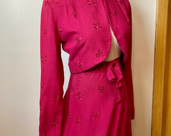 Sweet 1940’s Swing skirt Bolero Set~ Raspberry pink with bows~ cropped open waist jacket~ swishy bias cut skirt