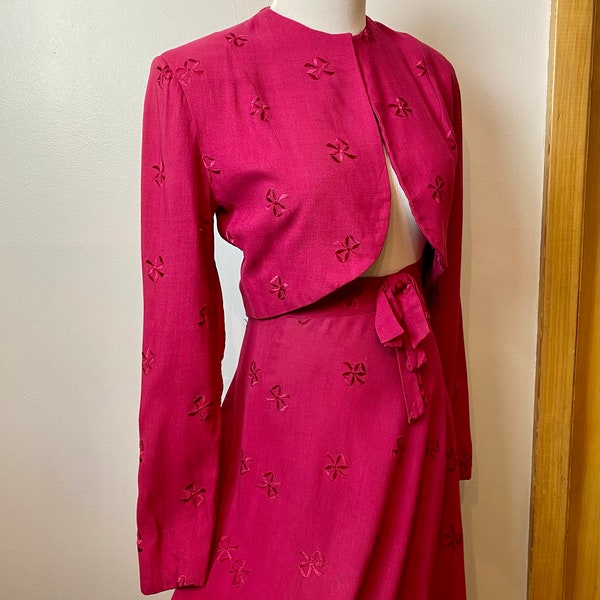Sweet 1940’s Swing skirt Bolero Set~ Raspberry pink with bows~ cropped open waist jacket~ swishy bias cut skirt