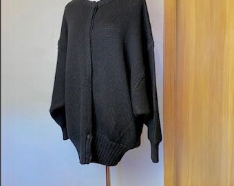 80’s-90’s  XLG boxy Black cardigan sweater 100% Wool 1980's trends batwing sleeves~ Minimalist boho streetwear style with pockets  open size