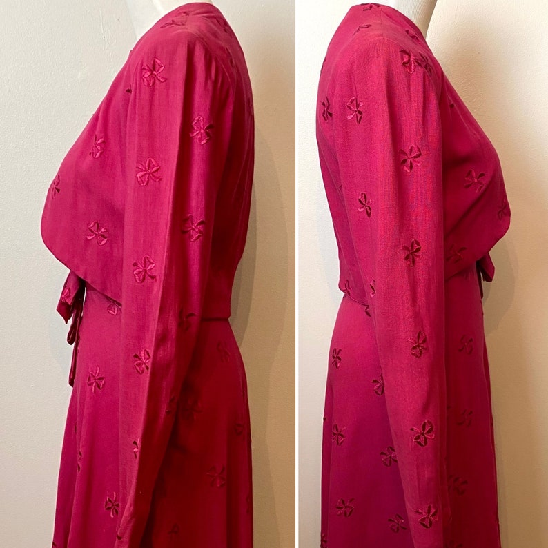 Sweet 1940s Swing skirt Bolero Set Raspberry pink with bows cropped open waist jacket swishy bias cut skirt image 8