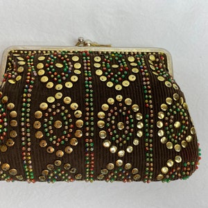 VTG 60s studded corduroy pouch small card holder accessories case brown cotton cord gold studs & beads beaded image 1