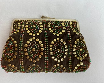 VTG 60’s studded corduroy pouch small card holder accessories case brown cotton cord  gold studs & beads beaded