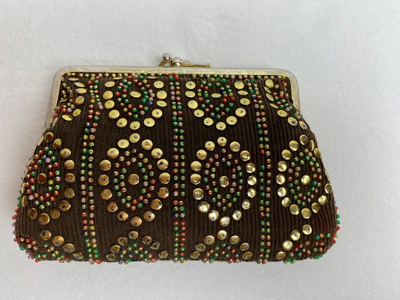 VTG 60s studded corduroy pouch small card holder accessories case brown cotton cord gold studs & beads beaded image 1