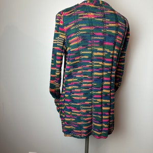 Vintage hand made sweater 1970s v-neck cardigan with pockets Boho patchwork style weave colorful fitted long ribbed wool size Mediumish image 5