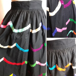 50s cotton patio skirt fit & flare pinup rockabilly Rainbow embroidery embroidered colorful black Teresa Original Taxco 26 waist image 8