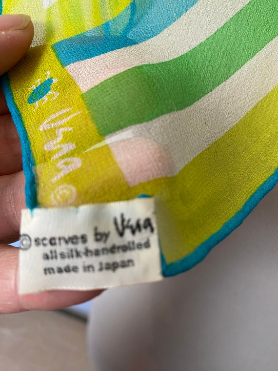 Vera scarf 1960’s green striped 100% silk crepe t… - image 3