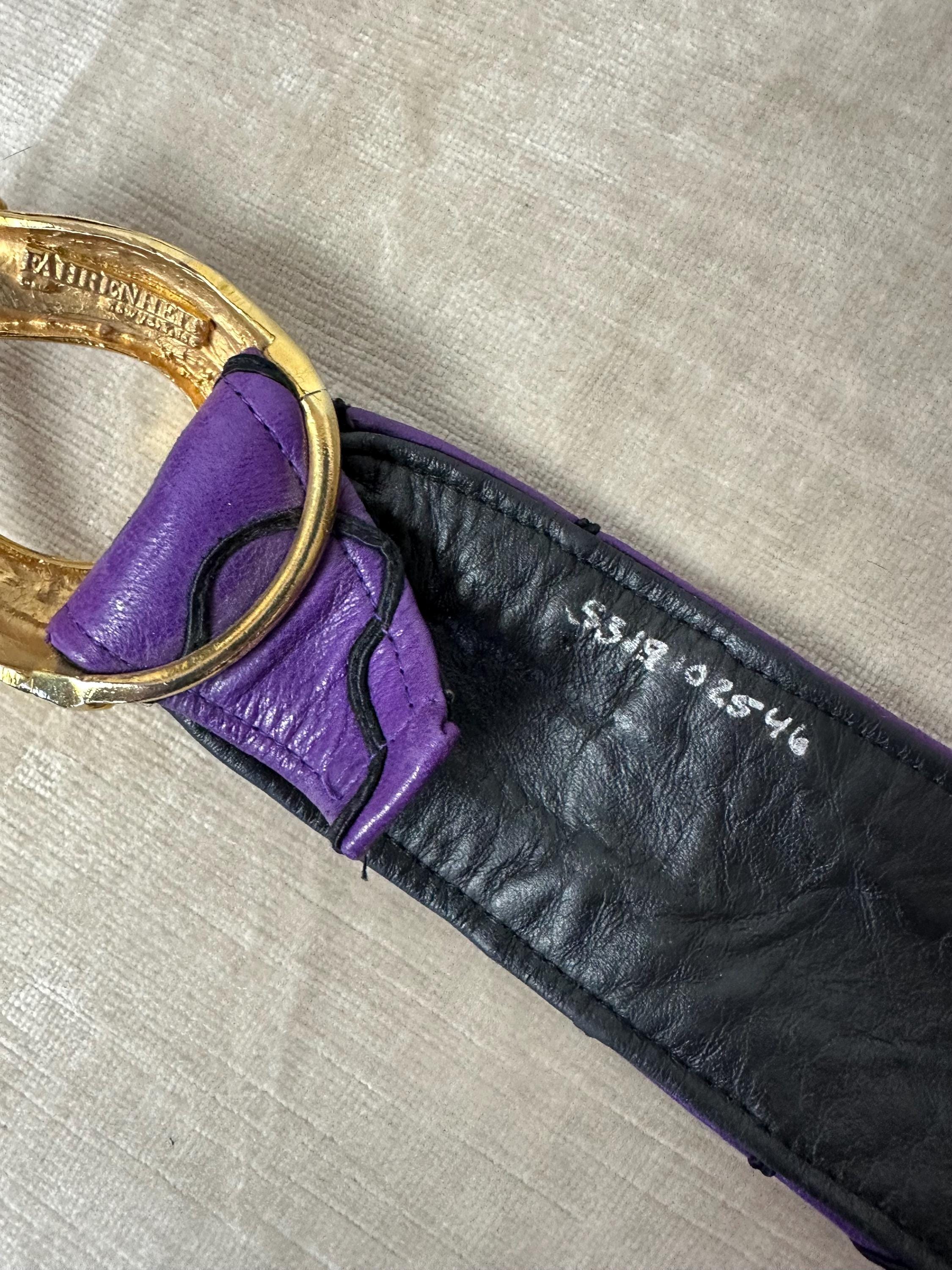 Vintage 80s Purple Leather Belt: Wide Glam Rock Gold Buckle 
