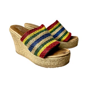 Vintage Sbicca 1980’s trend~ Roped jute platform Wedge heel~ summer vibes Rainbow colorful true vintage 70’s 80’s trends~ size 8
