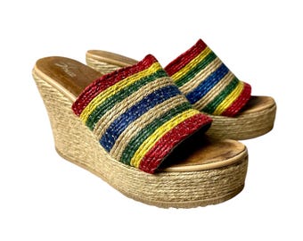 Vintage Sbicca Rainbow Jute Wedge Platform Sandals - 1980s Size 8