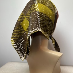 VTG Vera scarf 100% silk hand rolled mossy green & brown houndstooth block  plaid large square MCM groovy 1960’s