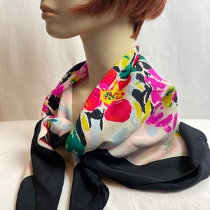 Vintage all silk scarf Vibrant colorful floral print had rolled unique XLG square style wall art shawl neck scarf headscarf image 10