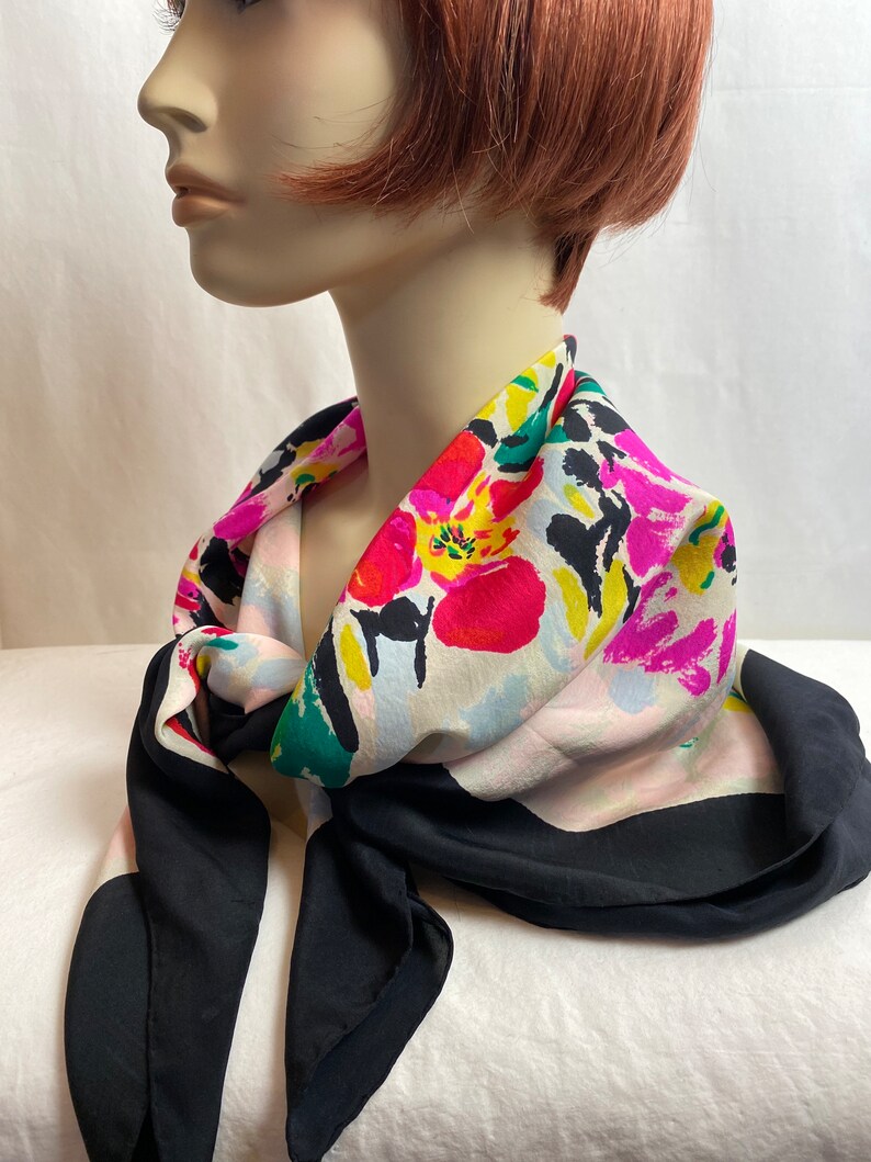 Vintage all silk scarf Vibrant colorful floral print had rolled unique XLG square style wall art shawl neck scarf headscarf image 10