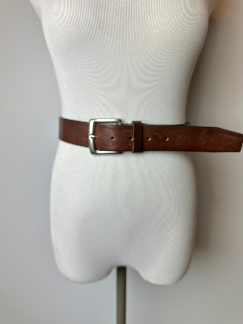 90s wide brown leather belt with silver tone square buckle rustic rocker style unisex androgynous hipster belts size Large 3438 image 7