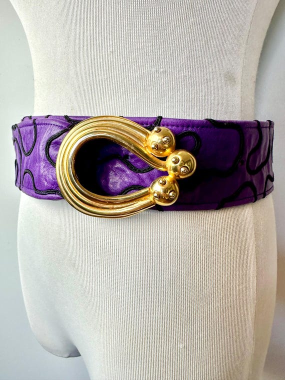 Vintage 80s Purple Leather Belt: Wide Glam Rock Gold Buckle  display picture 2