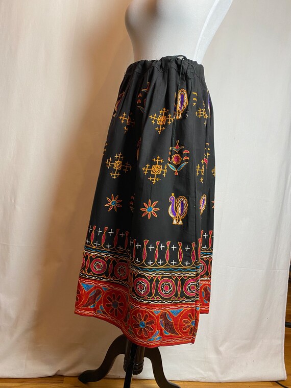 Vintage Peasant Skirt~ Hand Embroidered Birds Design Black