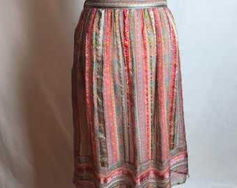 Beautiful 100% silk paisley boho skirt~ sheer layered under-slip layered woven metallic threading~ dainty floral stripes~ size 28” waist