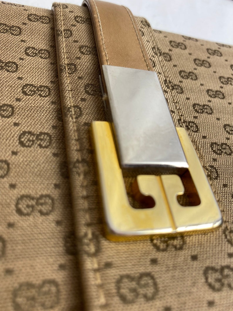 Gucci purse 1970s 80s Shoulder bag leather & cloth VTG monogram handbag Made in Italy slim petite slender rectangular Micro GG print image 7