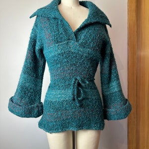 Vintage 70s wool knit sweater snug fit shawl collar teal green nubby wooly plaid belted waist cuffed belled sleeves Size Small image 6