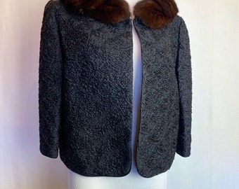 Gorgeous 50’s-60’s black cropped jacket with supple fur collar~ scalloped soutache stitching design~ MCM Saks 5th Ave 1960~ chubby