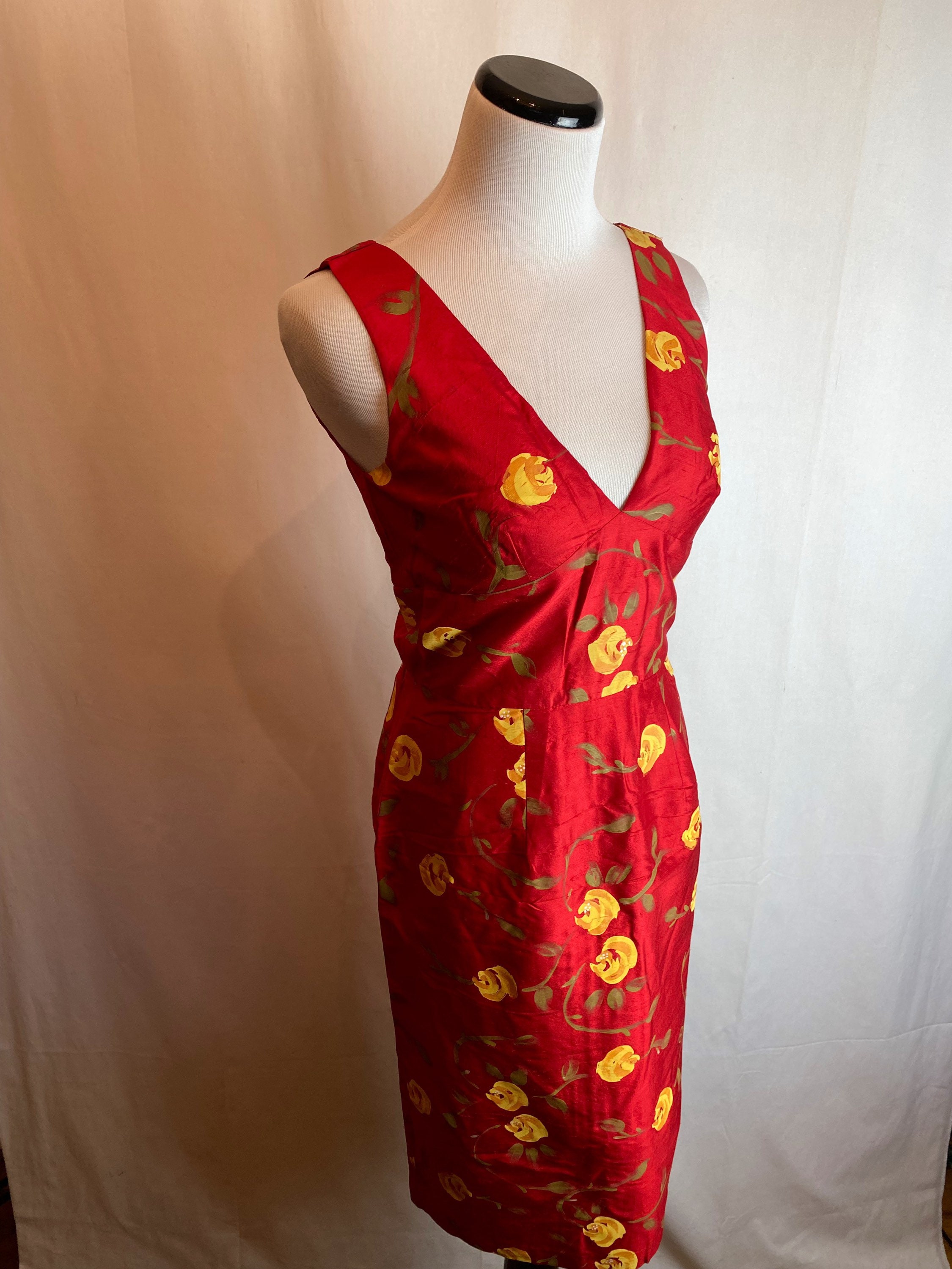 Corey Lynn Calter dress hand painted shantung 100% Silk floral fitted red bombshell wiggle knee length deep v neck ooak size small