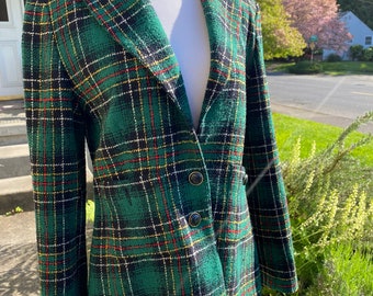 Vintage wool plaid blazer~Sonia Rykiel Dark green black & yellow Nubby textured tailored  1990’s women’s suit jacket Paris France/ 40” Bust