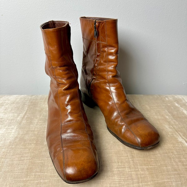 60’s 70’s Beatle boots~ Florsheim brown leather zipper ankle boots Mod rock n roll /lounge Groovy funk band boot size 10.5 C