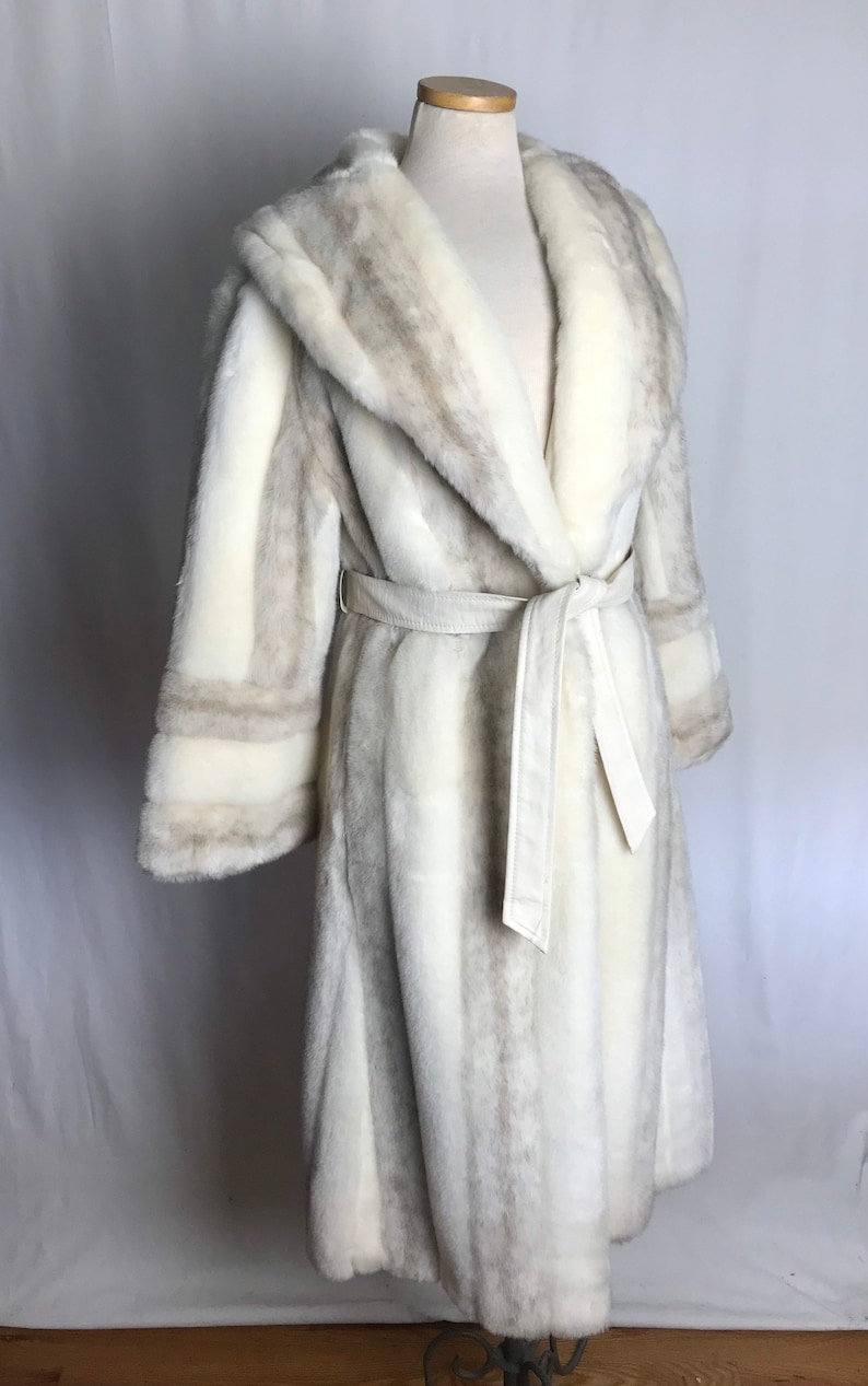 70s beautiful white faux fur princess coat belted waist exaggerated belled sleeves gorgeous lush furry fake glamorous vintage size M image 1