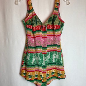 60s 70s boho hippie swimsuit one piece Sexy jersey knit pink & green print bathing suit groovy retro pattern size 6ish Medium image 2