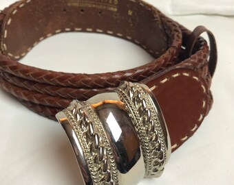 90’s brown braided leather chunky southwestern stylish boho hippie thick gage silver buckle~ trendy hipster 1990s Brighton style~ medium