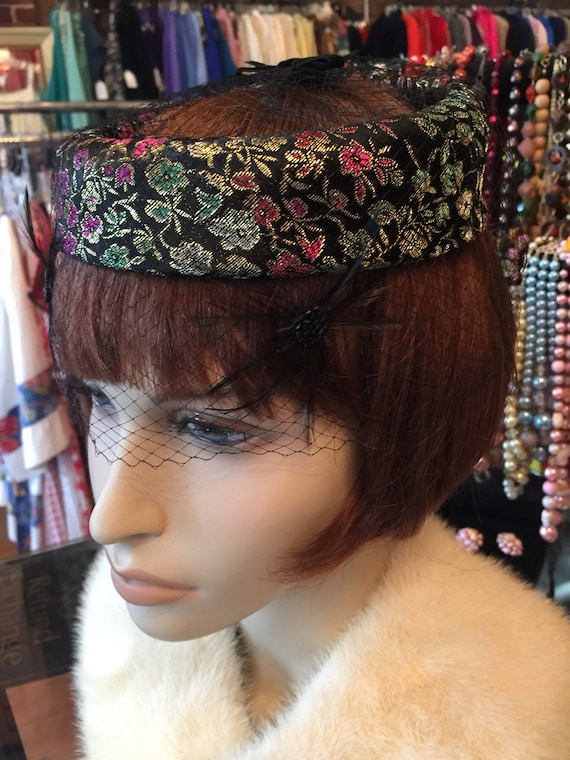 50's 60’s fascinator hat netted veil metallic bla… - image 1