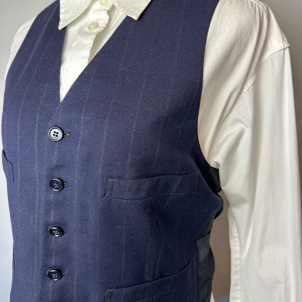 1920’s 30’s 40’s Speakeasy style~ Men’s wool vest pinstripes Navy blue WW2 antique suit vest fitted Gender neutral unisex /size Smaller