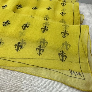 Vera 100% crepe silk scarf/ Fleur-des-lis print/yellow & black sheer long thin neck scarves head scarf neckerchief image 10