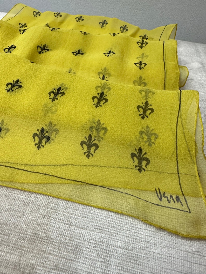 Vera 100% crepe silk scarf/ Fleur-des-lis print/yellow & black sheer long thin neck scarves head scarf neckerchief image 10