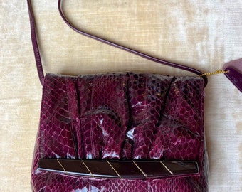 Puffy snakeskin purse X long strap Glossy dark plum color Small compact /shoulder strap handbag evening bag clutch 1970’s 80’s style