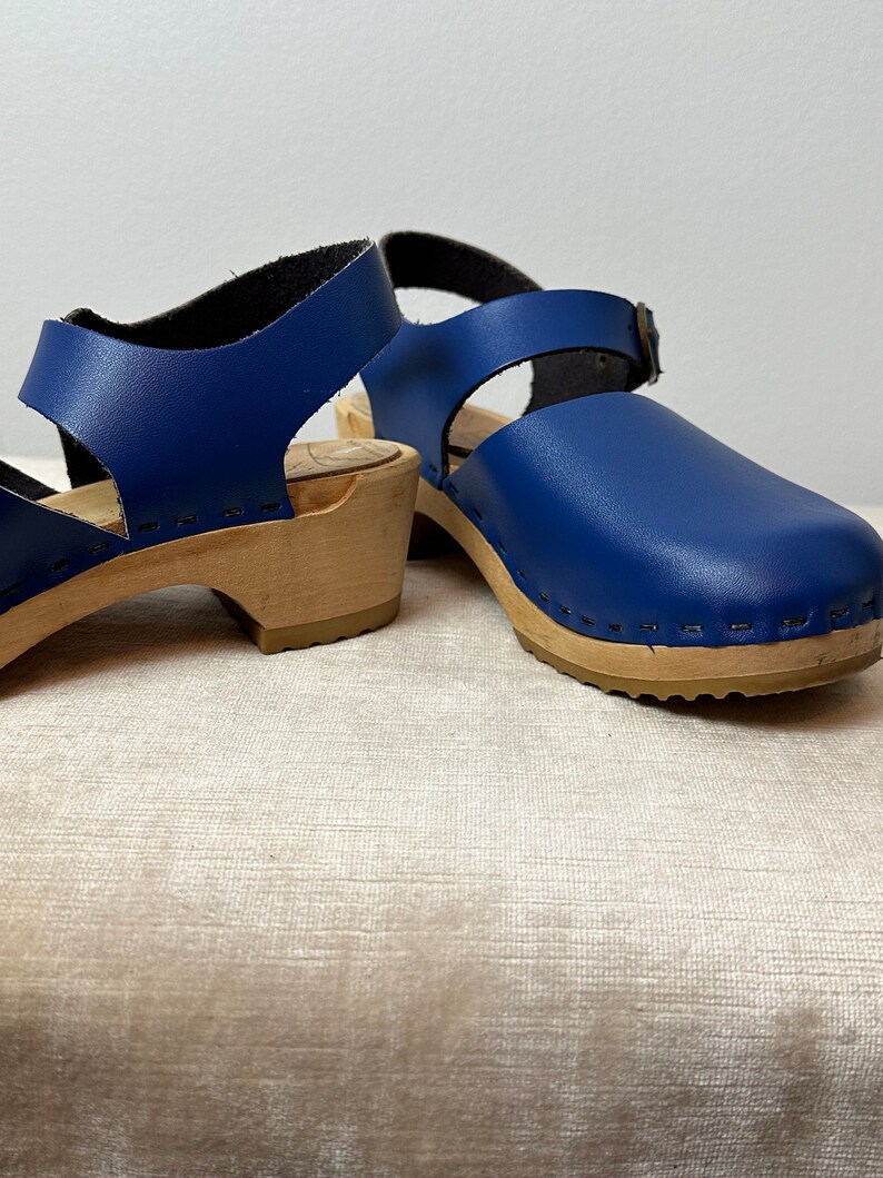 Bright blue Girls leather clogs timeless wooden clogs sandals buckle strap wedges boho style youth size 35 image 7