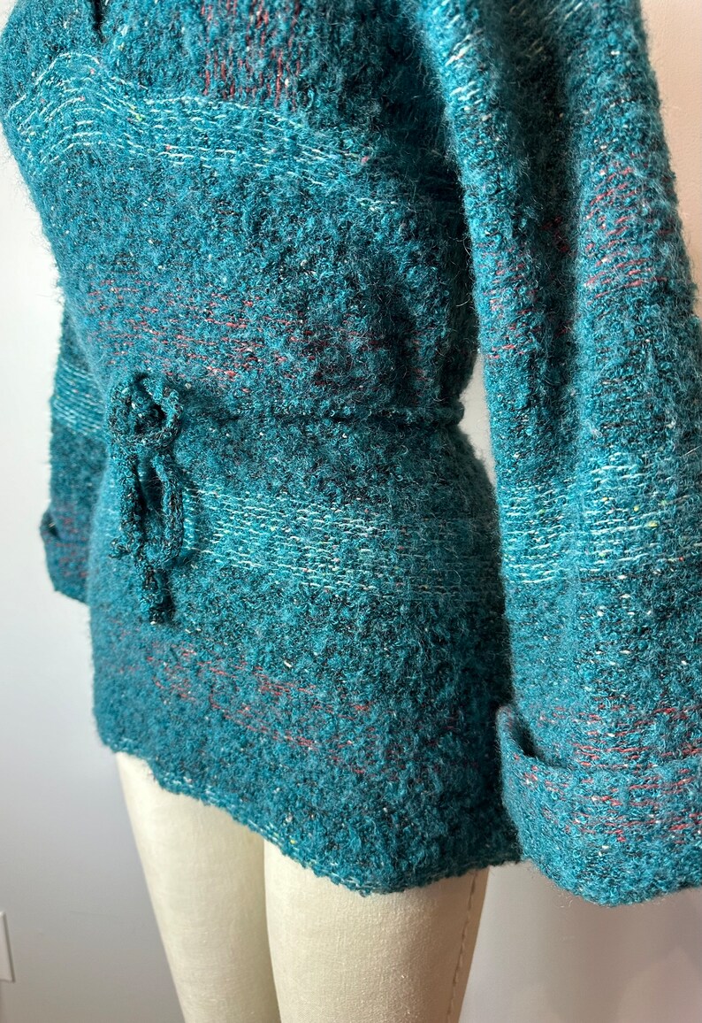 Vintage 70s wool knit sweater snug fit shawl collar teal green nubby wooly plaid belted waist cuffed belled sleeves Size Small image 5