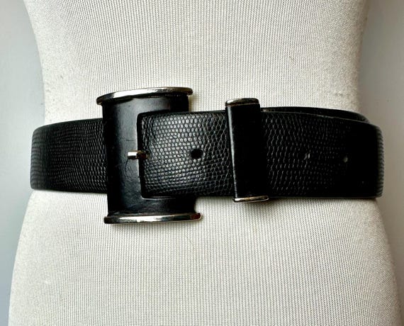 Vintage 90s Black Leather Belt: Wide Silver Buckle, Size M 
