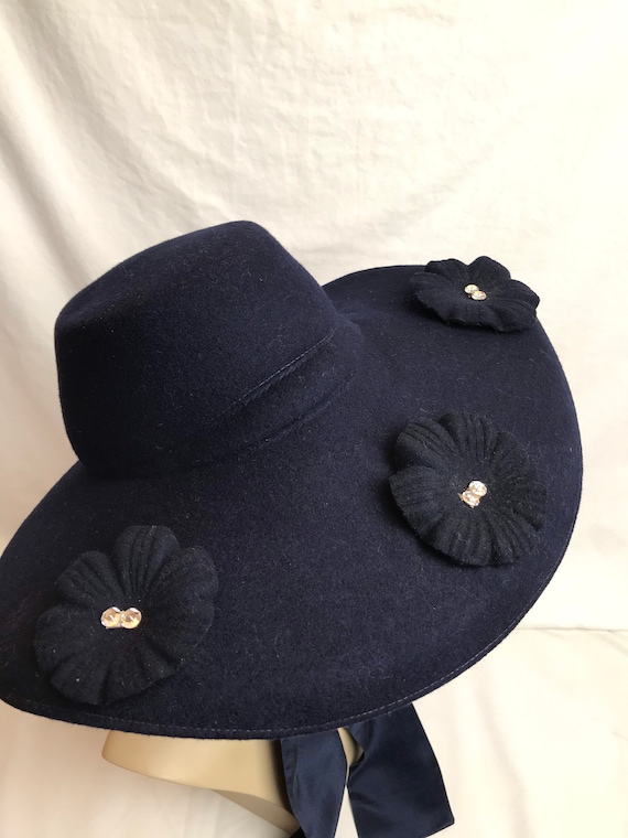 40’s wide brim hat navy blue felt~ pinup style ww… - image 2