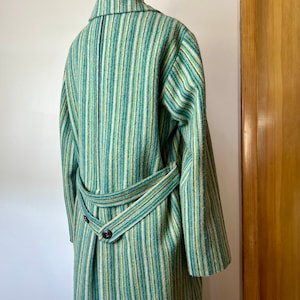 Striped green blue Erica Tanov overcoat~ retro stripes Soft long wooly jacket~ belted waist 90’s trends Y2K minimalist size 6-8