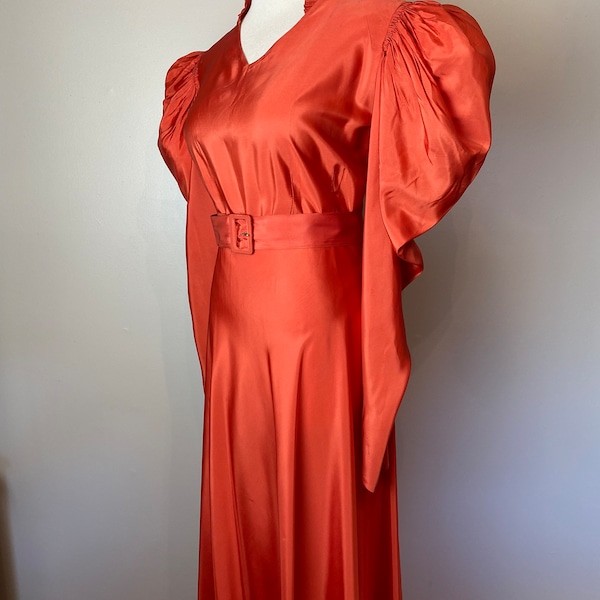 1930’s-40’s striking Coral gown~ full length bias cut~ Autumn vibes~ dramatic mutton sleeves and pleated collar~ old Hollywood style/  SM