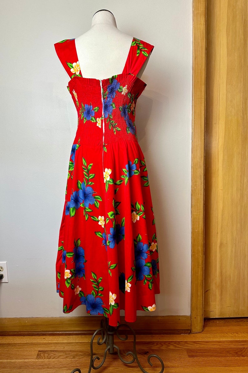 robe hawaïenne vintage des années 80 décolleté en coeur coupe & flare robe d'été rouge floral tropical vif/taille Med-LG image 5