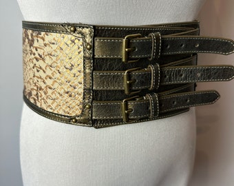 90’s extra Wide cincher style belt~ faux snakeskin & olive green triple buckle stylish belt~ earth tones with gold~ size Large