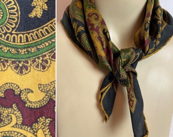 Beautiful silk scarf~ vintage paisley rich colors versatile square neck tie, hair tie neckerchief bib bonnet~ 1960’s timeless scarves