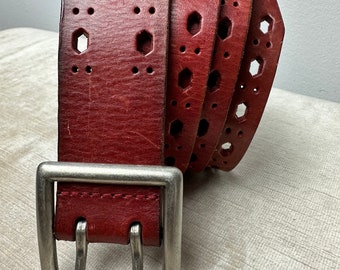 Vintage leather trouser belt~ cutouts ~eyelets Brick red Rock n roll boho~ gender neutral 2 prong open size LG up to 37” waist