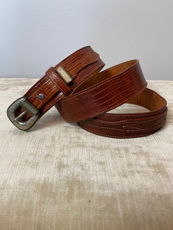 Vintage Reptile Lizard Skin Belt With Ornate Silver Tone Buckle