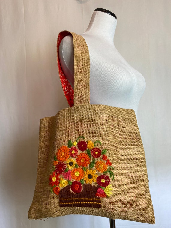 60’s floral embroidery woven burlap tote pretty P… - image 7