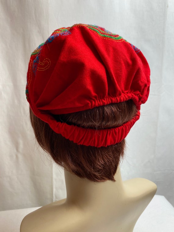 Colorful red Embroidered textile hat women’s scru… - image 8