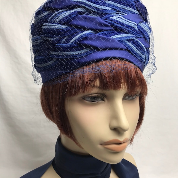 60’s Mod pillbox hat~ Periwinkle & blue colorful  woven satin ribbon hat~veiled netted 1960’s tall nest hat